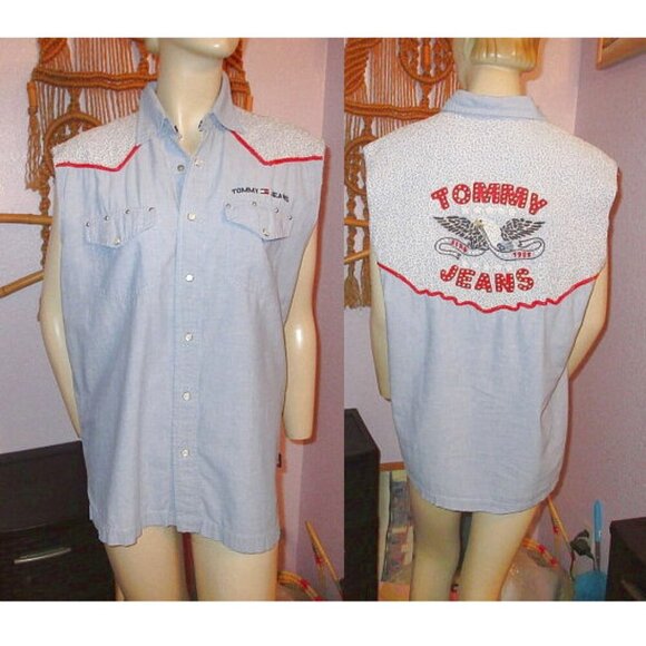 Vintage Tommy Jeans Men's Denim Shirt Size S Pearl Snap Studs Eagle Y2K 90s - Picture 1 of 8